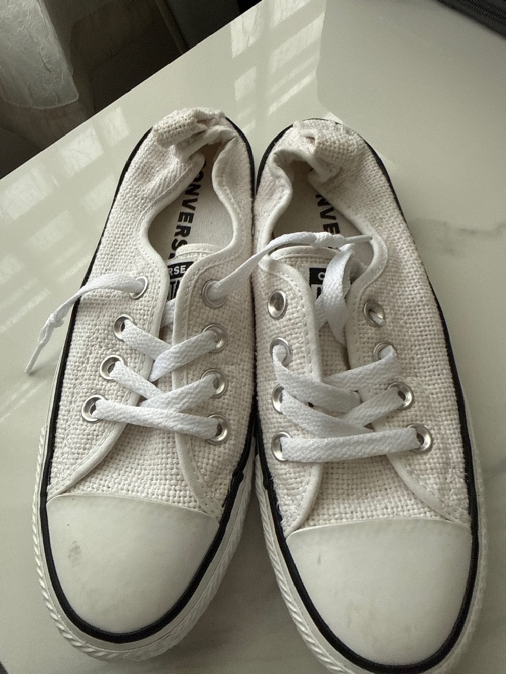Converse White Low-Top Canvas Sneakers with Black Stripe